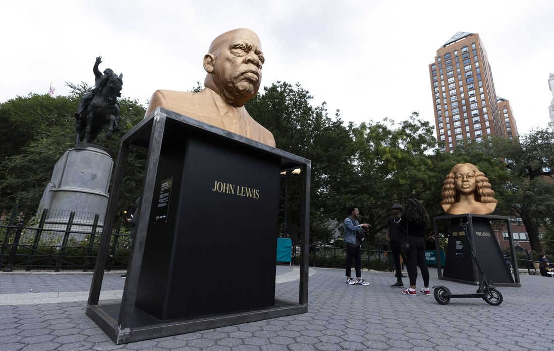 Three sculptures by artist Chris Carnabuci that make up the new 'SEEINJUSTICE' public art exhibit in Union Square, portraying George Floyd, John Lewis, Breonna Taylor